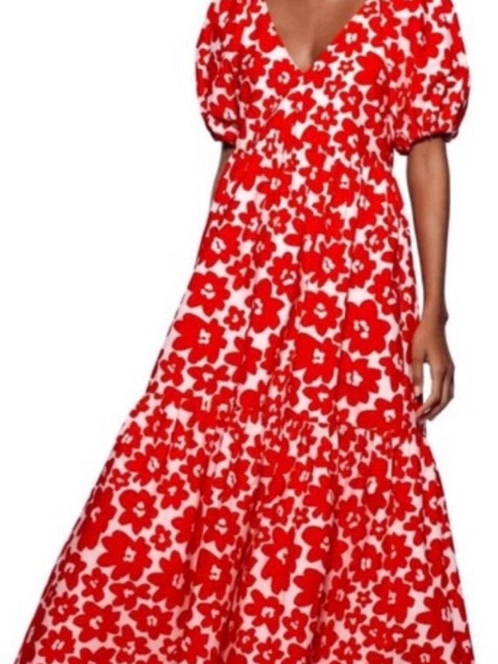 Zara 100% Cotton Red Floral Puff-Sleeve Maxi Dress on White